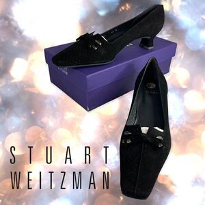 STUART WEITZMAN Black Suede Perforated Tie Bow Linsperf Heels
